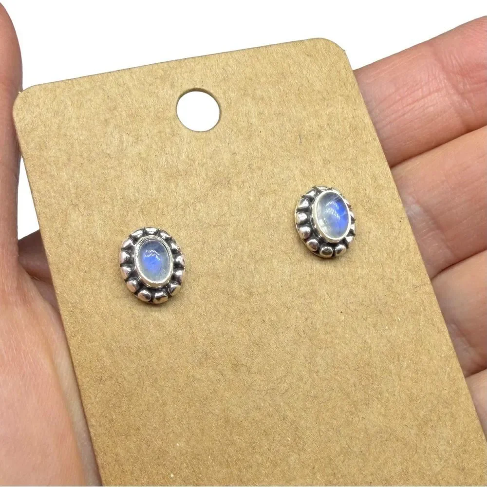 Rainbow Moonstone Stud Earrings Solid 925 Sterling Silver